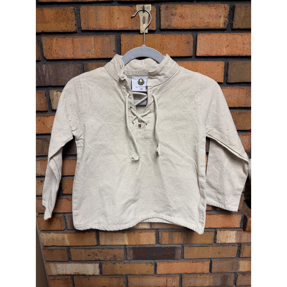 Mytholon Kids Linen Blend Lace Up Tunic Shirt Size 140 Beige Long Sleeve